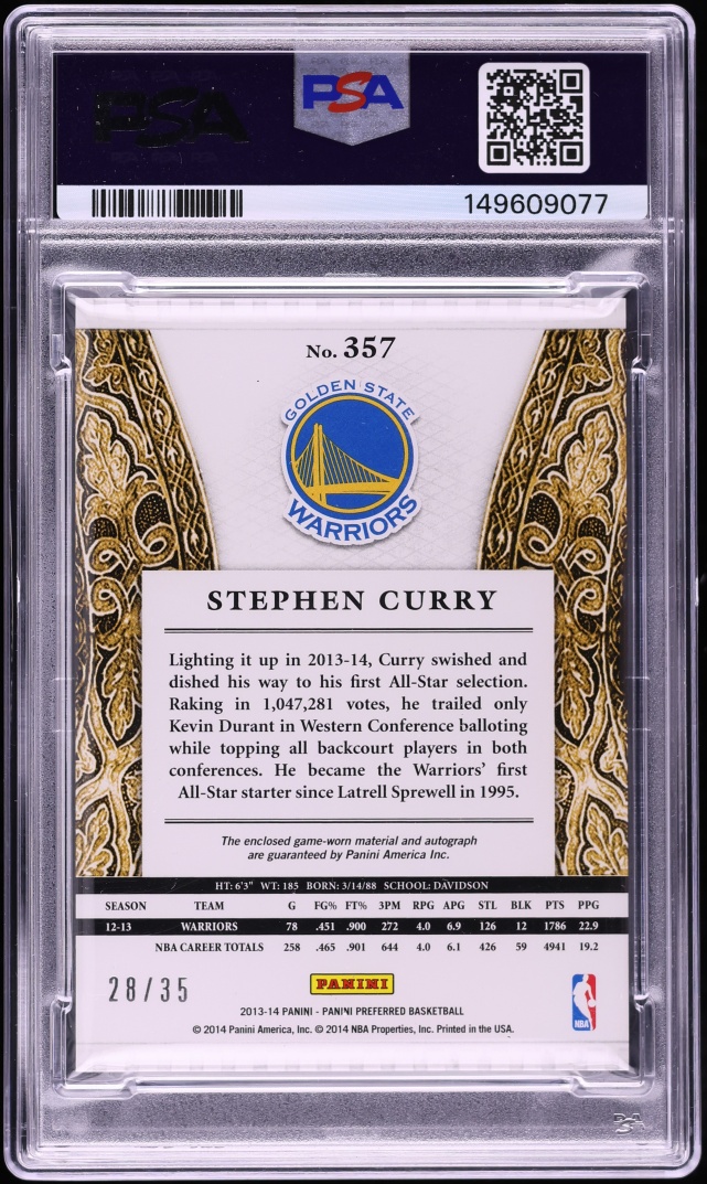 2013 Panini Preferred Silhouettes Curry PATCH AUTO DNA 10 /35 #357 PSA 10 GEM MINT - Photo 2