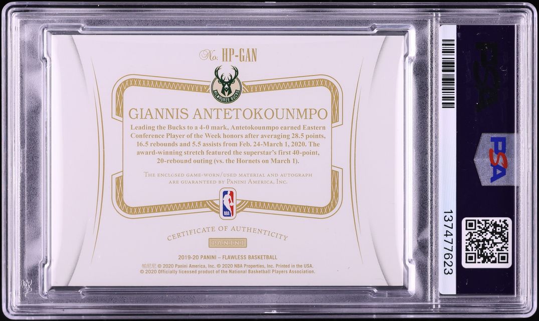 2022 Panini Flawless Update '19 Horizontal Ruby Giannis Antetokounmpo PATCH AUTO /15 PSA 10 GEM - Photo 2