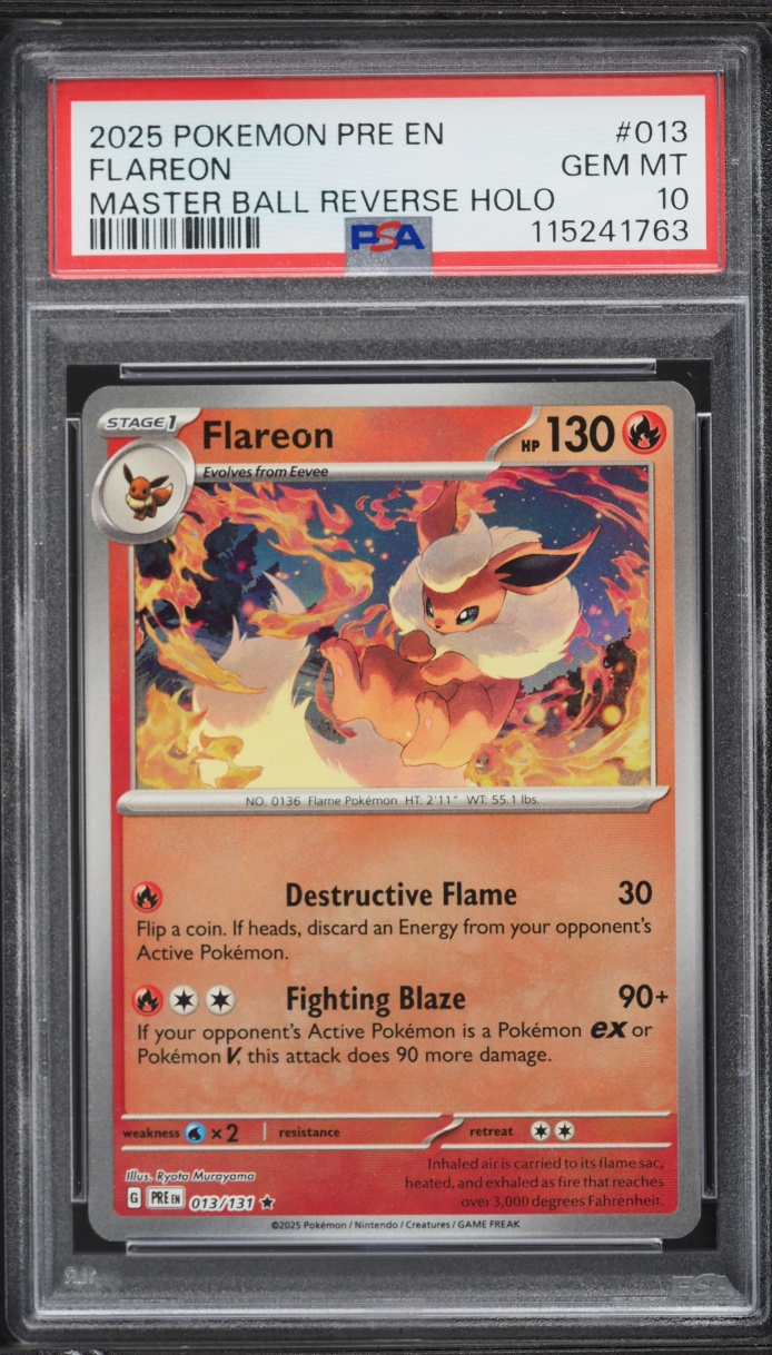2025 Pokemon SV Prismatic Evolutions Master Ball Holo Flareon #13 PSA 10 GEM MINT