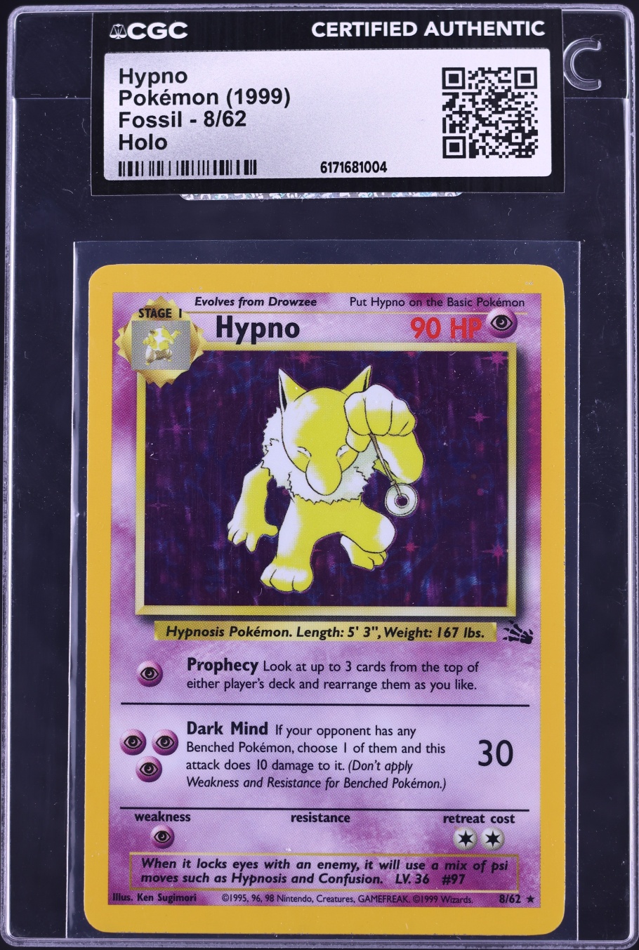 1999 Pokemon Fossil Holo Hypno #8 CGC AUTH