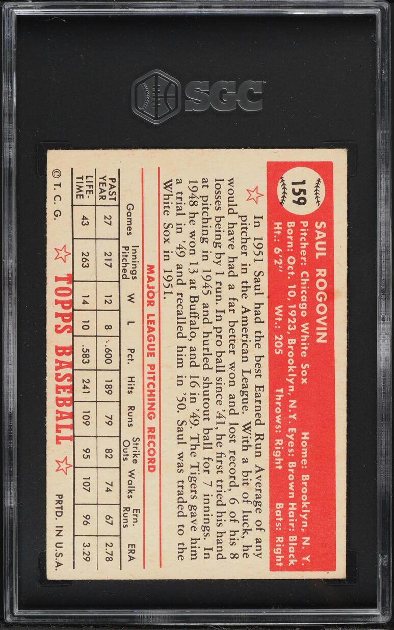 1952 Topps Saul Rogovin #159 JSA SGC 2.5 GD+