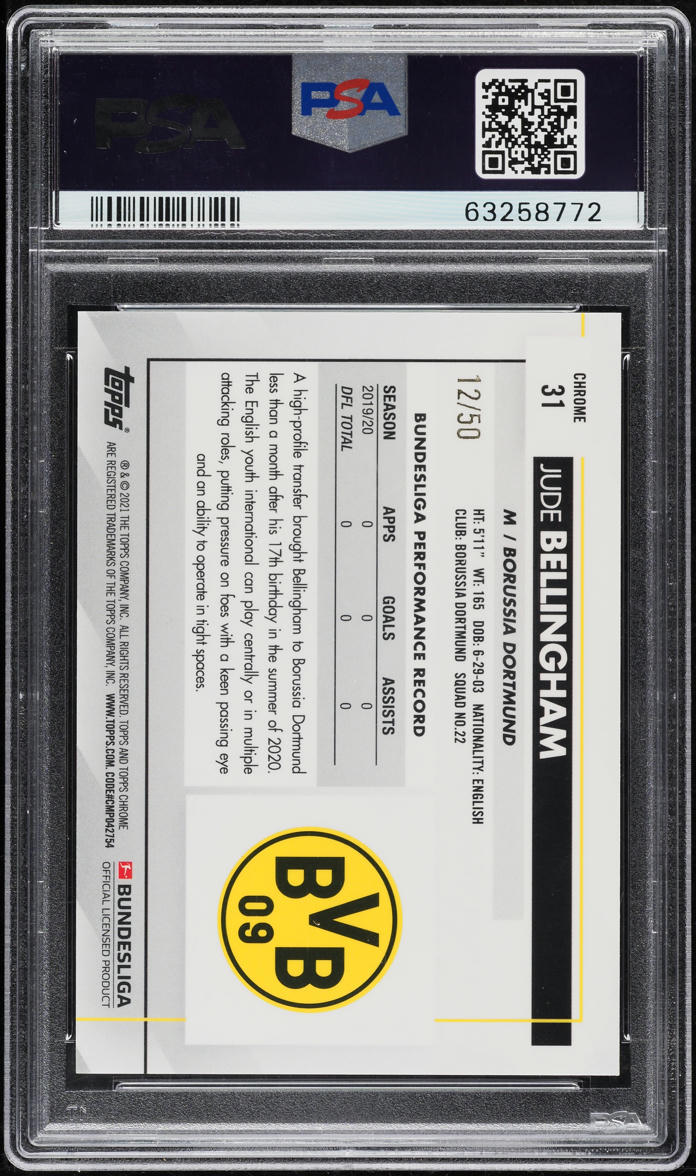 2020 Topps Chrome Bundesliga Gold Refractor Jude Bellingham RC /50 #31 PSA 10