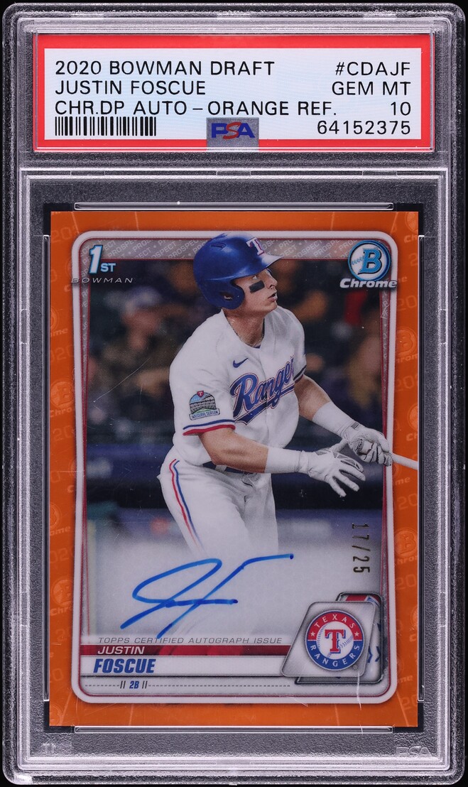 2020 Bowman Chrome Draft Orange Refractor Justin Foscue PROSPECT AUTO /25 PSA 10 GEM MINT