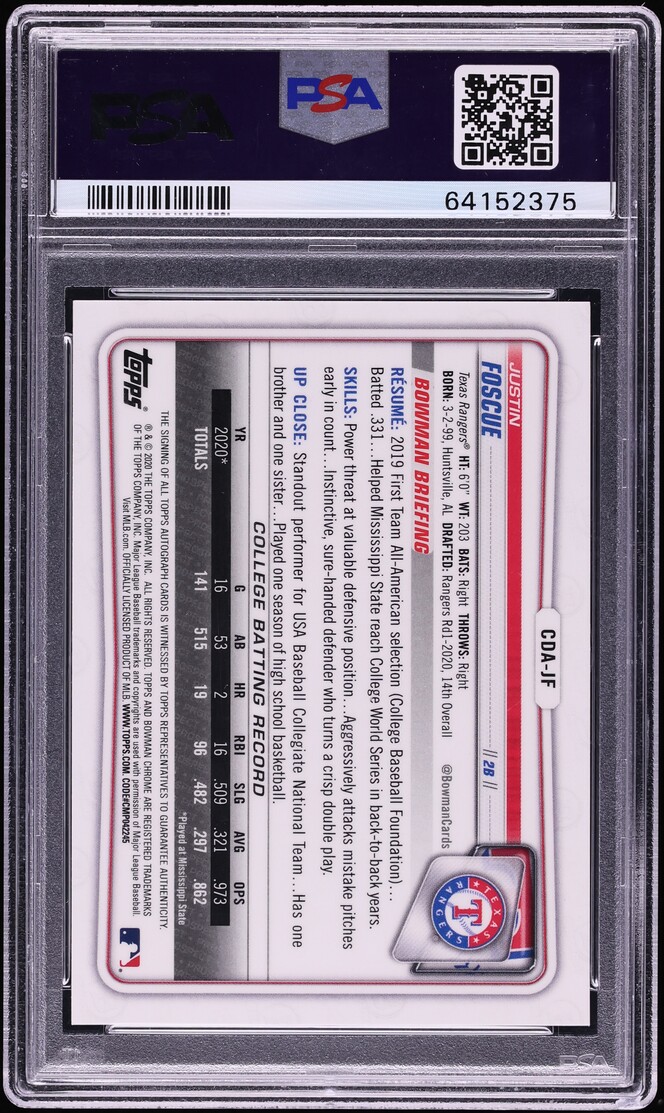 2020 Bowman Chrome Draft Orange Refractor Justin Foscue PROSPECT AUTO /25 PSA 10 GEM MINT
