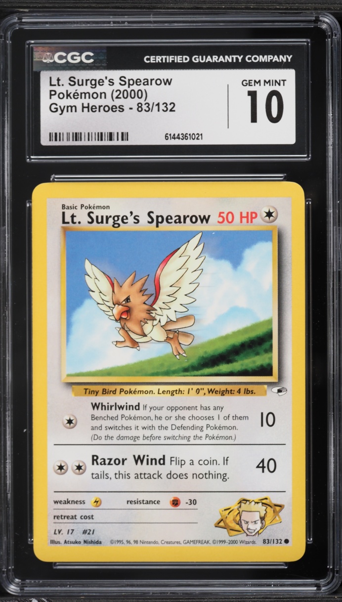 2000 Pokemon Gym Heroes Lt. Surge's Spearow #83 CGC 10 GEM MINT