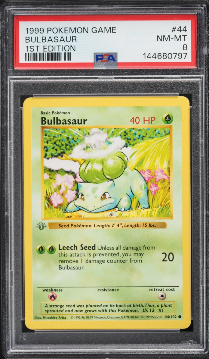 1999 Pokemon Base Set Shadowless 1st Edition Bulbasaur #44 PSA 8 NM-MT