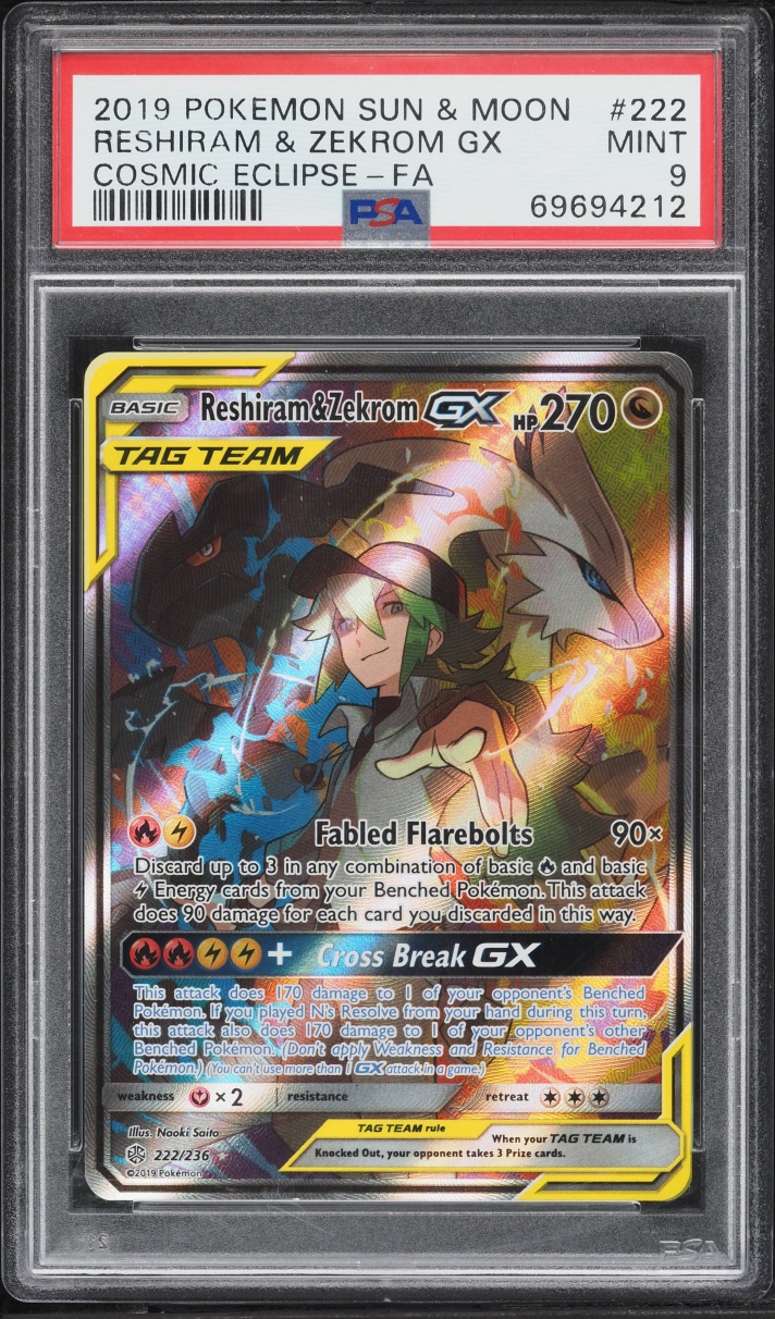 2019 Pokemon Sun & Moon Cosmic Eclipse Alt Art Reshiram & Zekrom GX #222 PSA 9 MINT