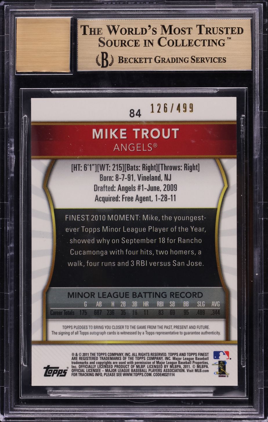 2011 Finest Refractor Mike Trout ROOKIE AUTO /499 #84 BGS 9.5 GEM MINT