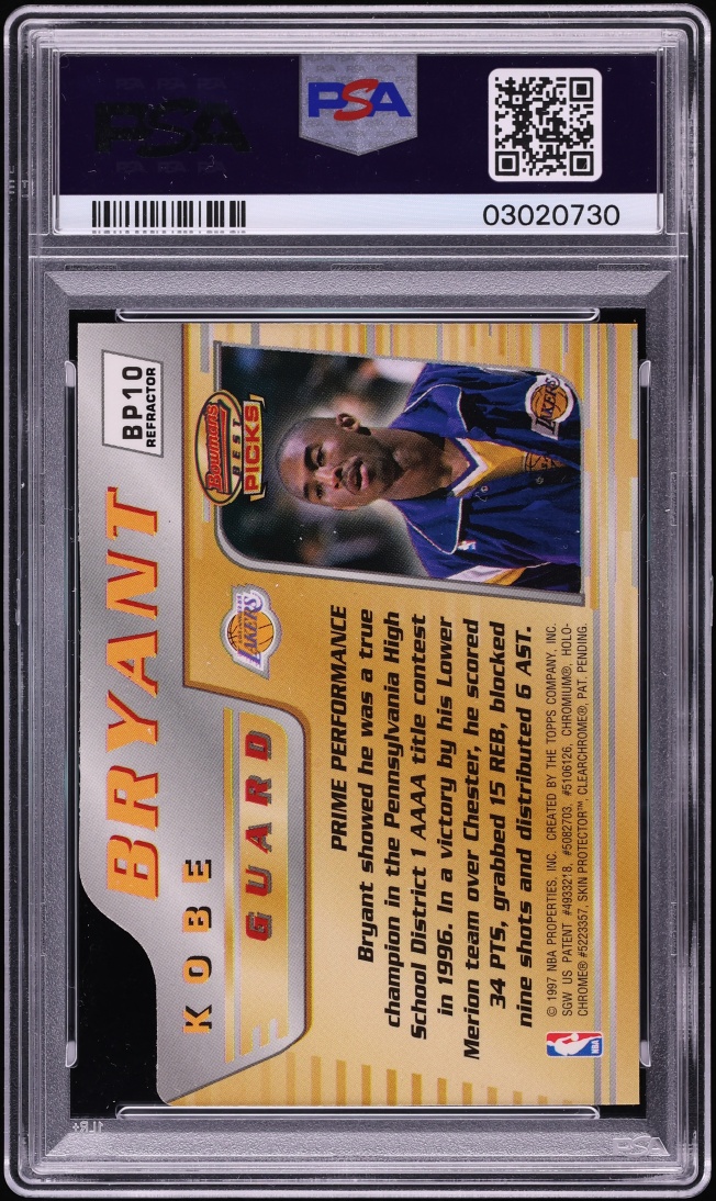 1996 Bowman's Best Picks Refractor Die-Cut Kobe Bryant ROOKIE #BP10 PSA 10 GEM MINT - Photo 2