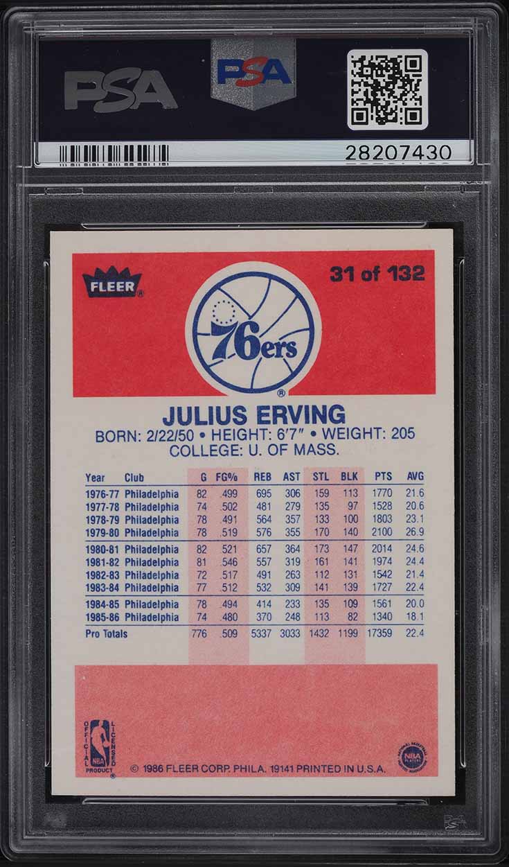1986 Fleer Basketball Julius Erving #31 PSA 9 MINT