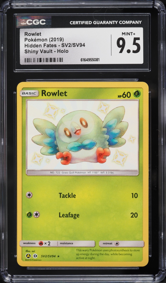2019 Pokemon Sun & Moon Hidden Fates Shiny Rowlet #SV2 CGC 9.5 MINT+