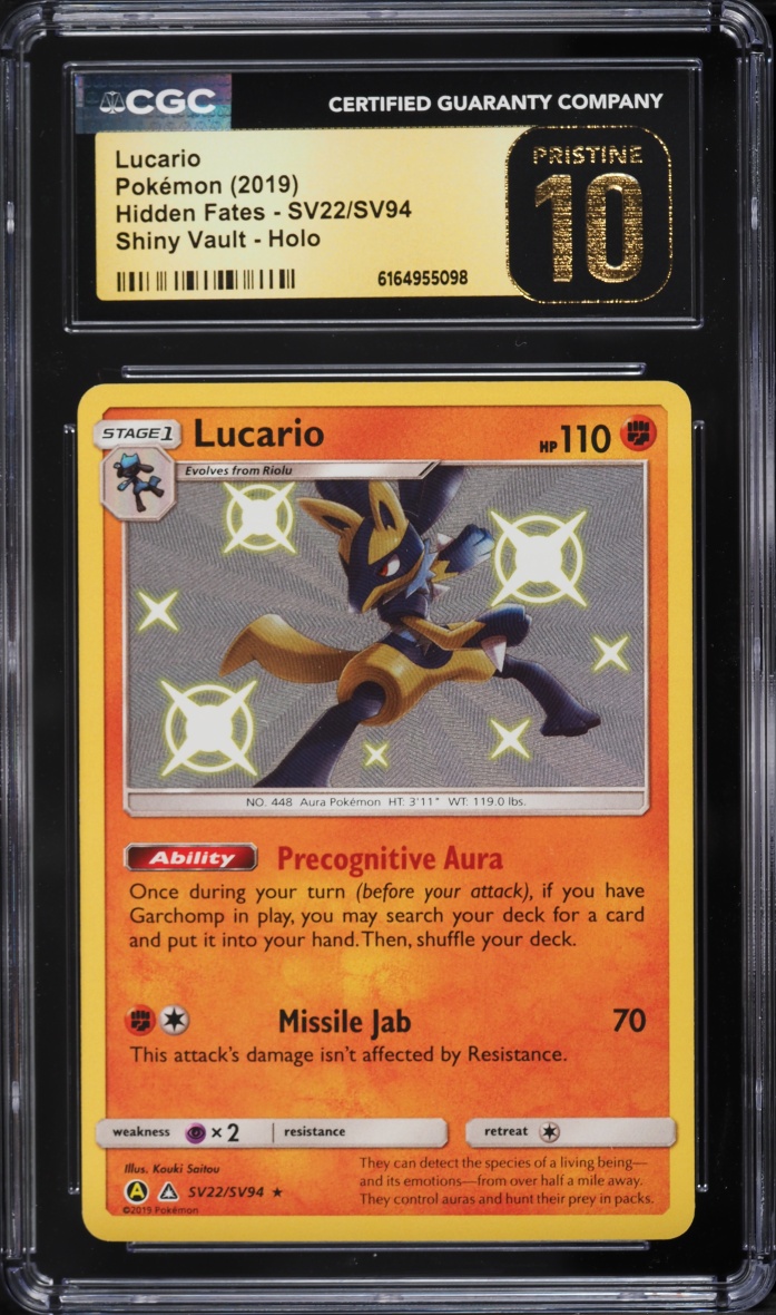 2019 Pokemon Sun & Moon Hidden Fates Shiny Vault Holo Lucario #SV22 CGC 10 PRISTINE