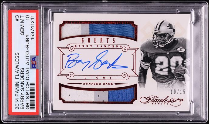 2014 Panini Flawless Greats Dual Ruby Barry Sanders PATCH AUTO /15 #3 PSA 10 GEM MINT