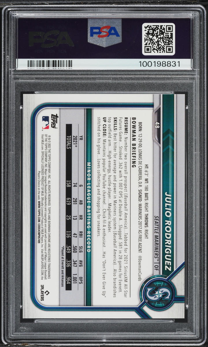 2022 Bowman Chrome Sapphire Orange Julio Rodriguez ROOKIE /75 #48 PSA 10 GEM MINT