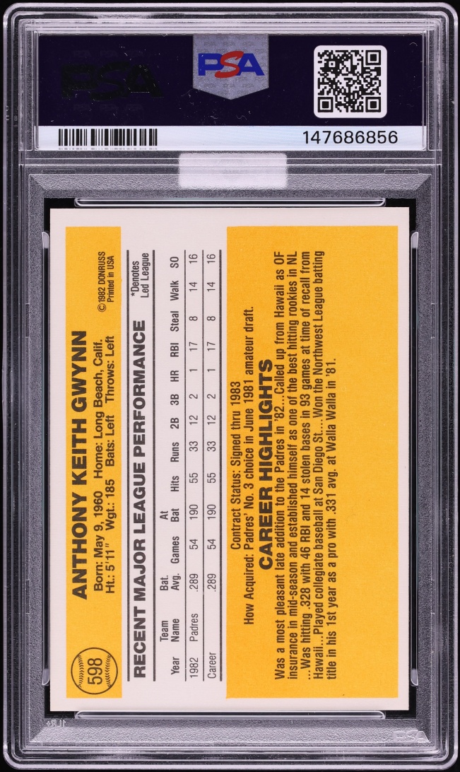 1983 Donruss Tony Gwynn ROOKIE #598 MBA PSA 10 GEM MINT