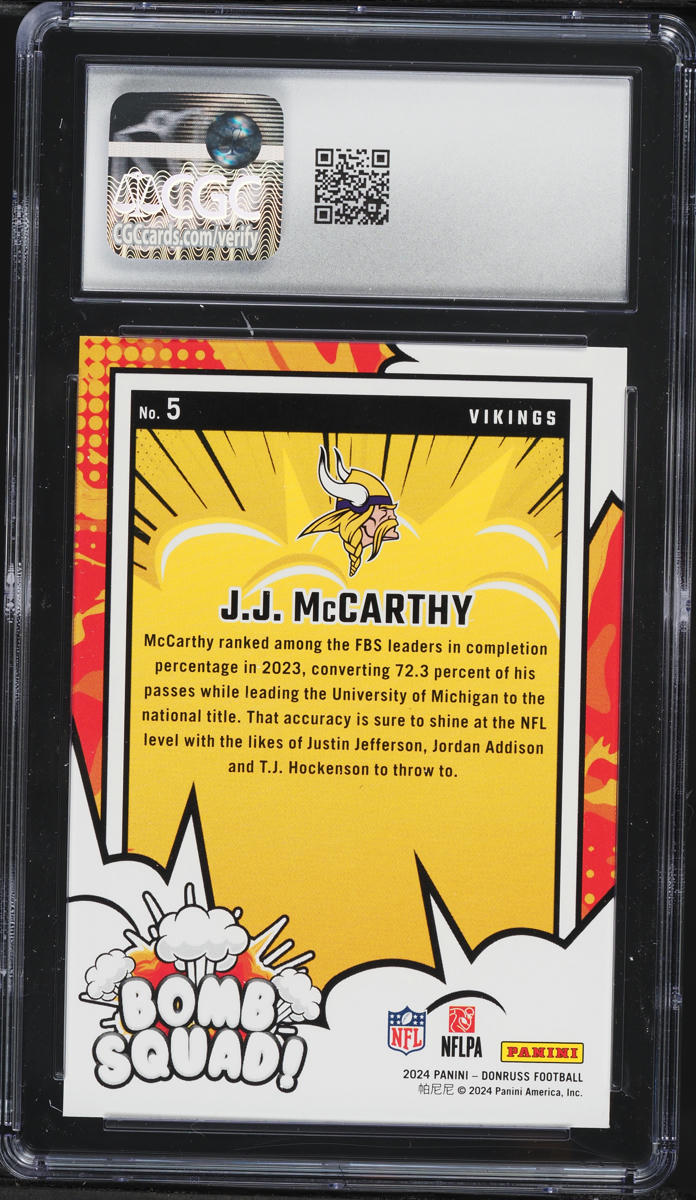 2024 Donruss Bomb Squad J.J. McCarthy ROOKIE #5 CGC 10 GEM MINT