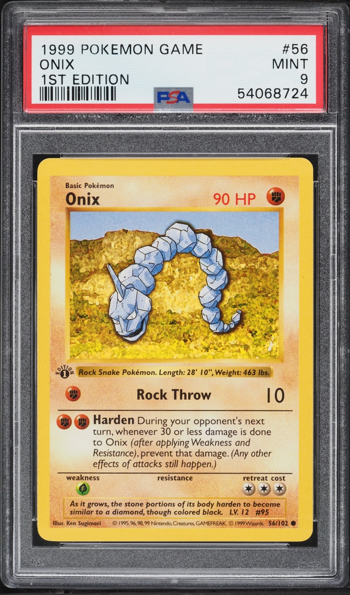 1999 Pokemon Base Set Shadowless 1st Edition Onix #56 PSA 9 MINT