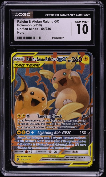 2019 Pokemon Sun & Moon Unified Minds Holo Raichu & Alolan Raichu GX #54 CGC 10 GEM MINT