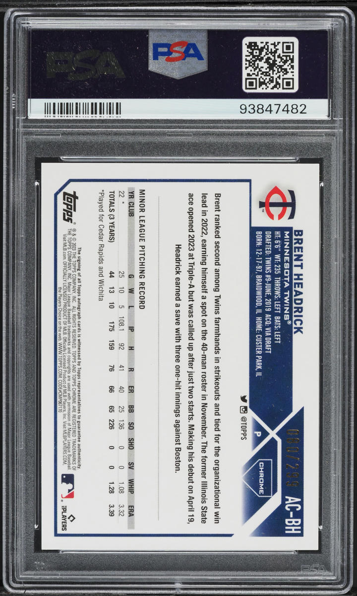 2023 Topps Chrome Update Purple Speckle Ref Brent Headrick RC AUTO /299 PSA 10