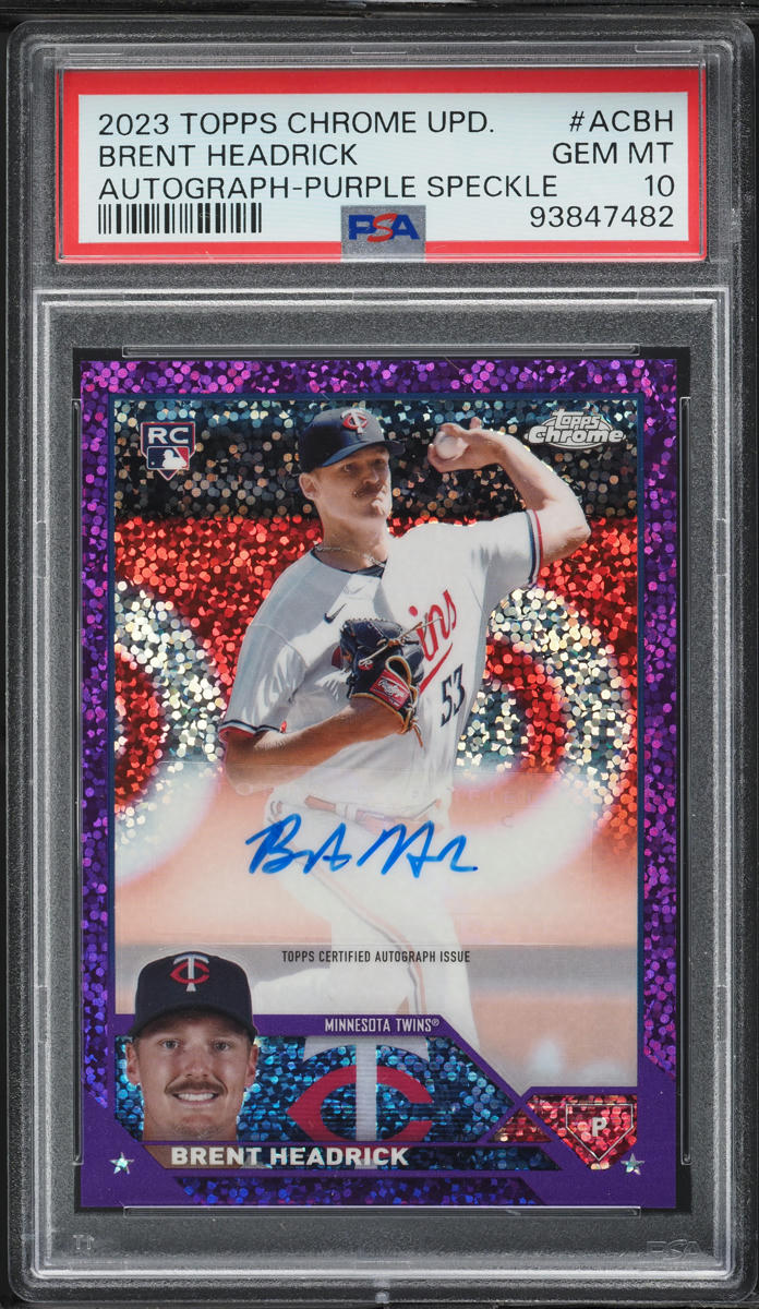 2023 Topps Chrome Update Purple Speckle Ref Brent Headrick RC AUTO /299 PSA 10