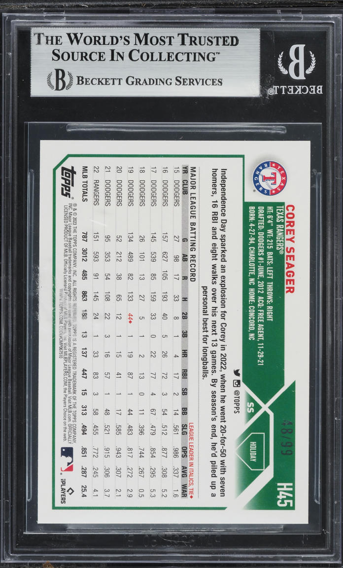2023 Topps Holiday Metallic Red Corey Seager /99 #H45 BGS 9 MINT