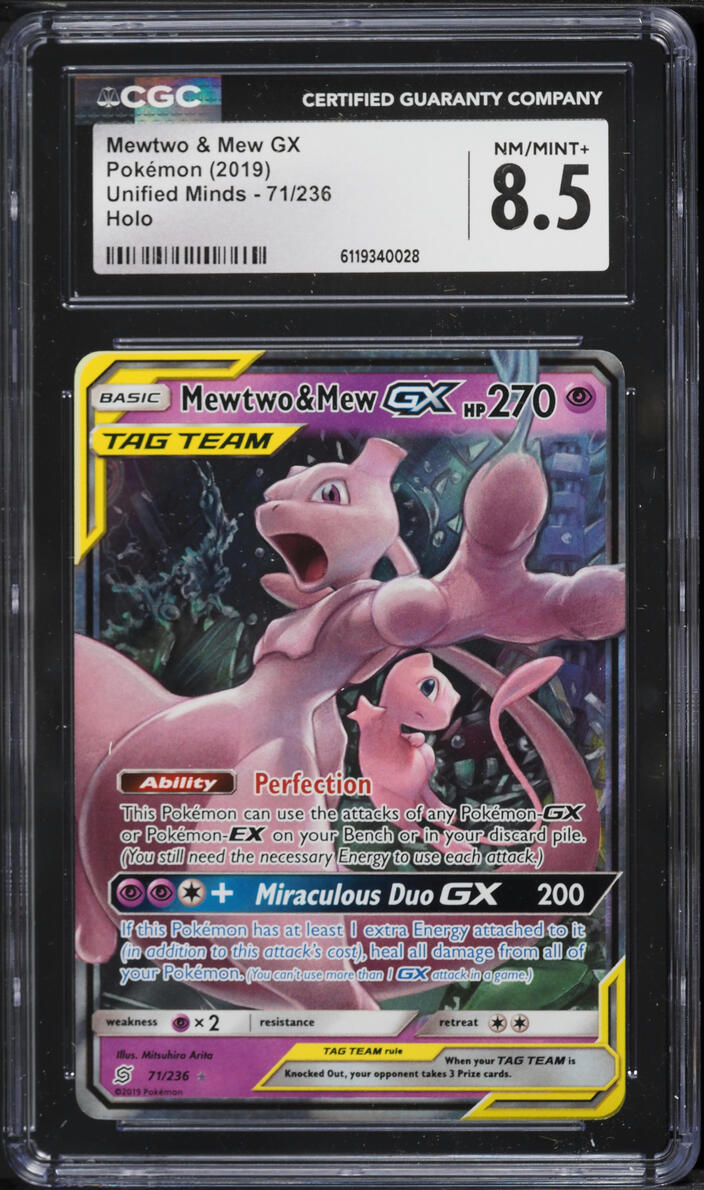 2019 Pokemon Sun & Moon Unified Minds Holo Mewtwo & Mew GX #71 CGC 8.5 NM-MT+