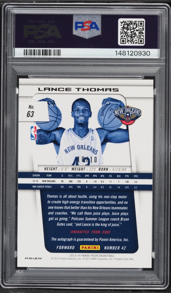 2013 Panini Prizm Gold Lance Thomas AUTO 10/10 #63 PSA 10 GEM MINT
