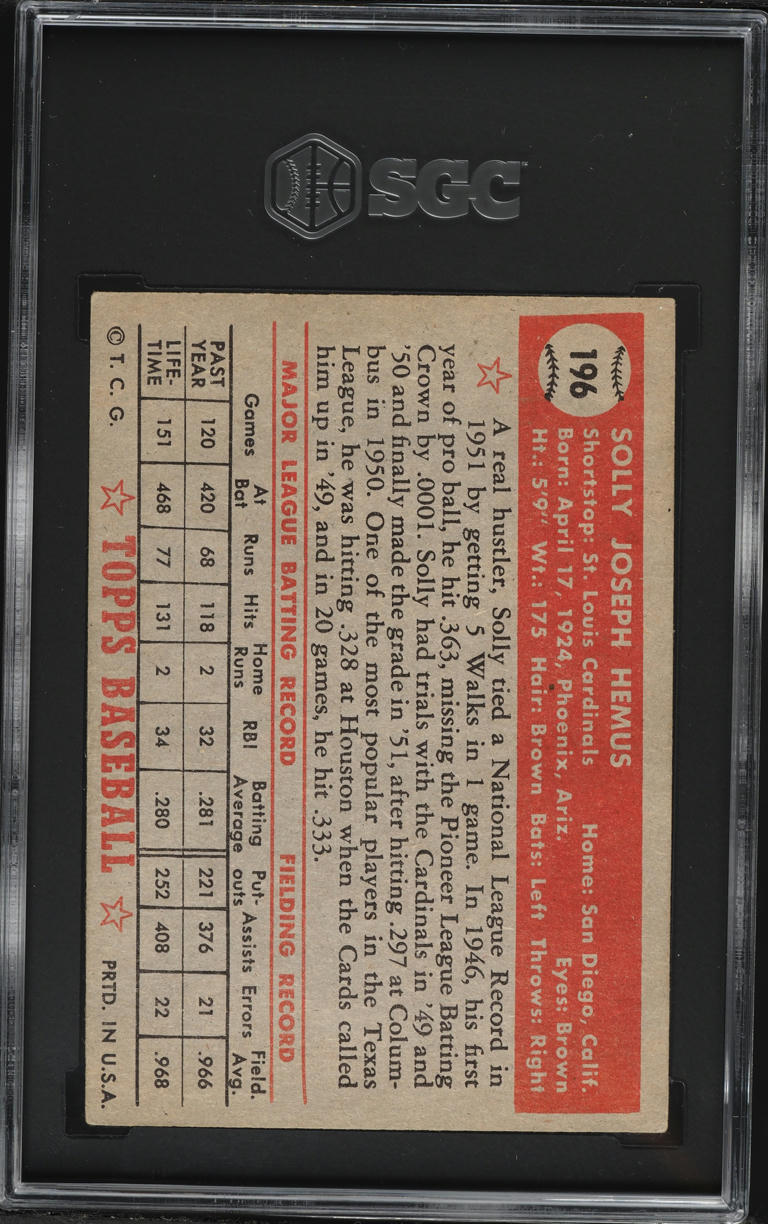 1952 Topps Solly Hemus #196 SGC 5 EX