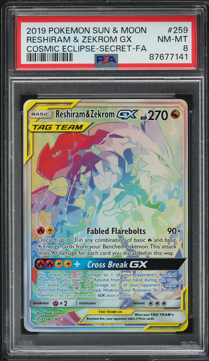 2019 Pokemon SM Cosmic Eclipse Hyper Rare Reshiram & Zekrom GX #259 PSA 8 NM-MT