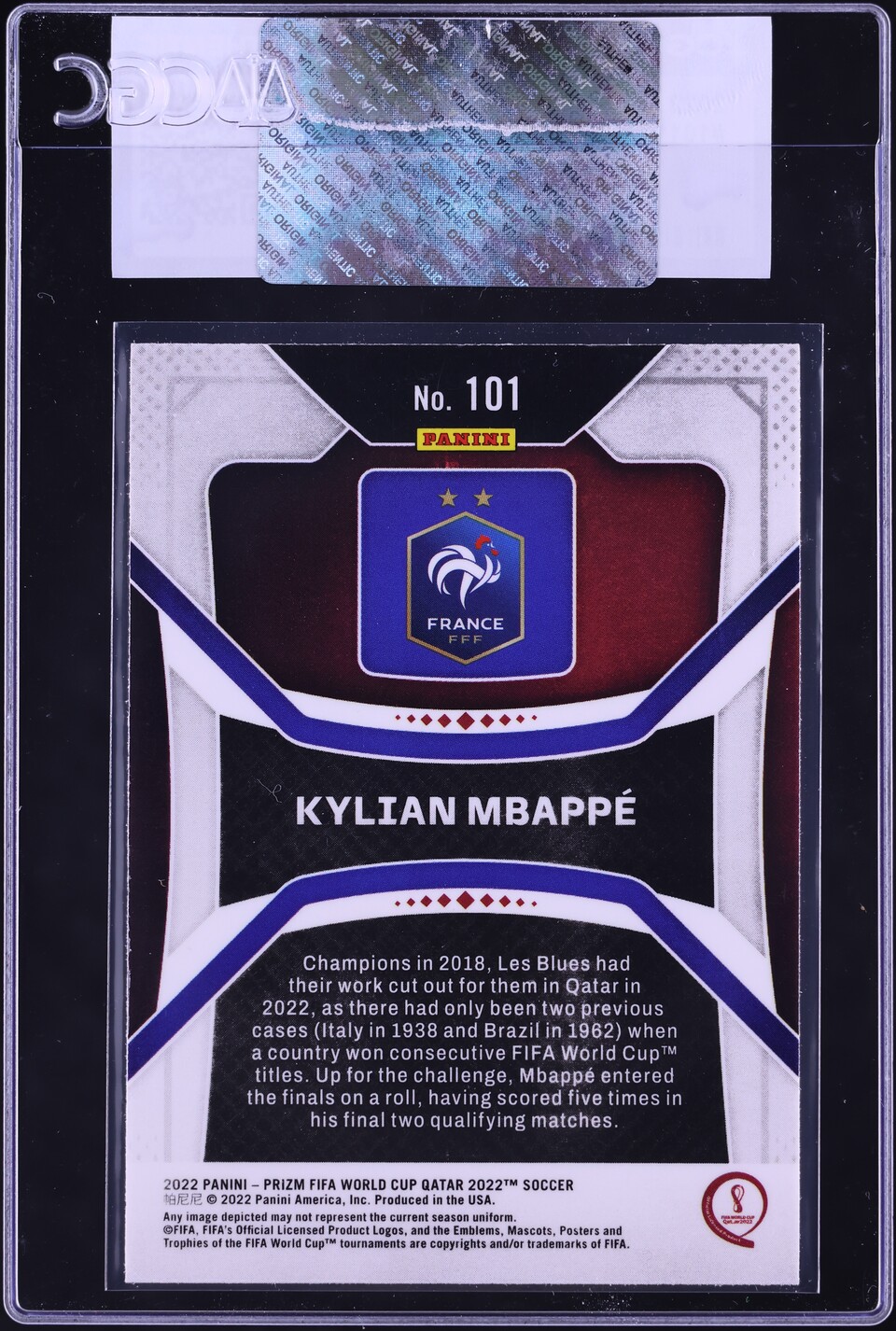 2022 Panini Prizm World Cup Kylian Mbappe #101 CGC AUTH
