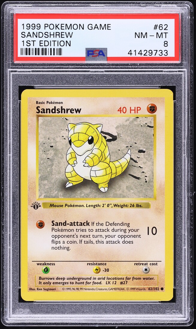 1999 Pokemon Base Set Shadowless 1st Edition Sandshrew #62 PSA 8 NM-MT