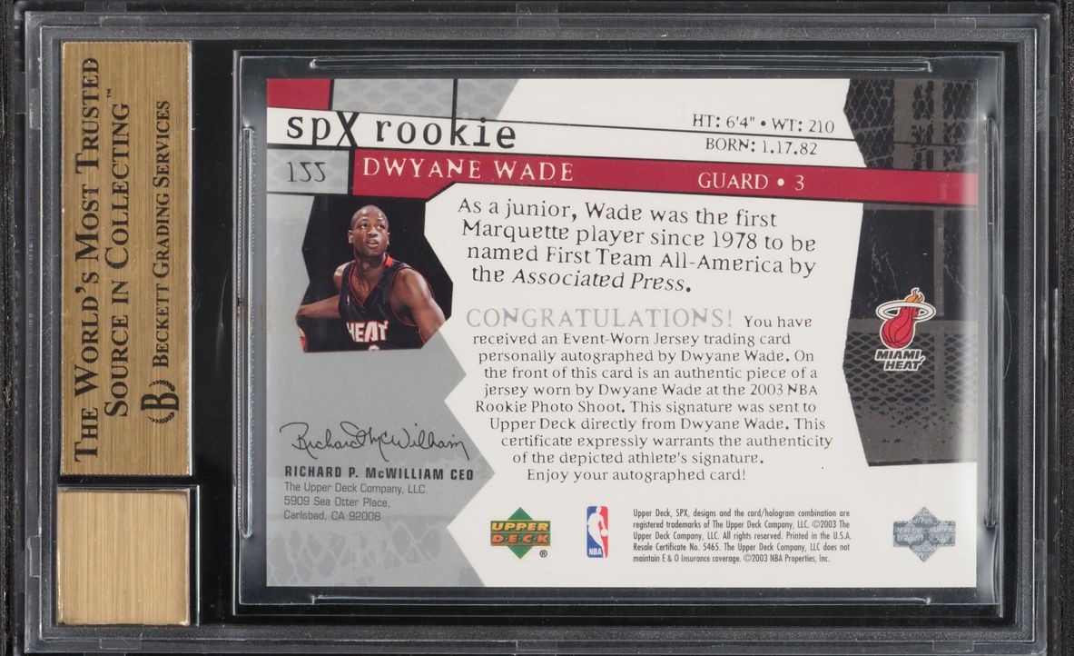2003 SPx Basketball Dwyane Wade ROOKIE PATCH AUTO /750 #155 BGS 10 PRISTINE