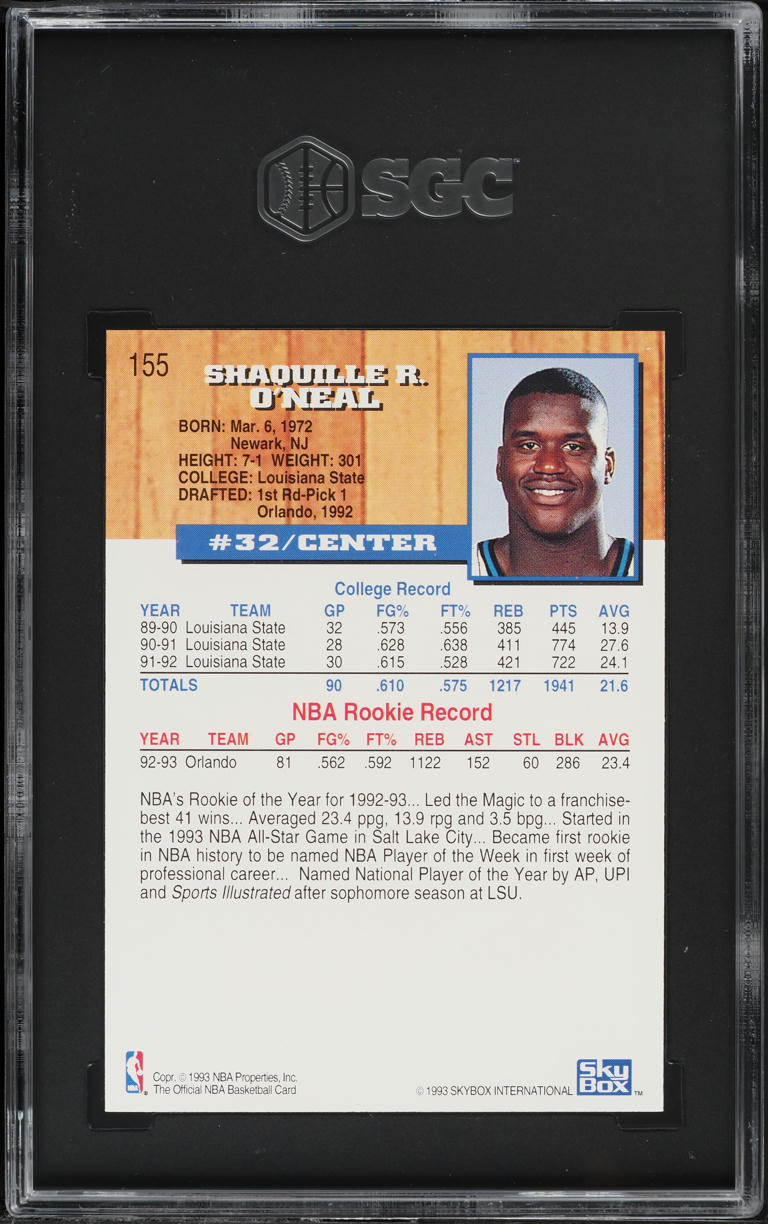 1993 Hoops Shaquille O'Neal #155 SGC 10 GEM MINT