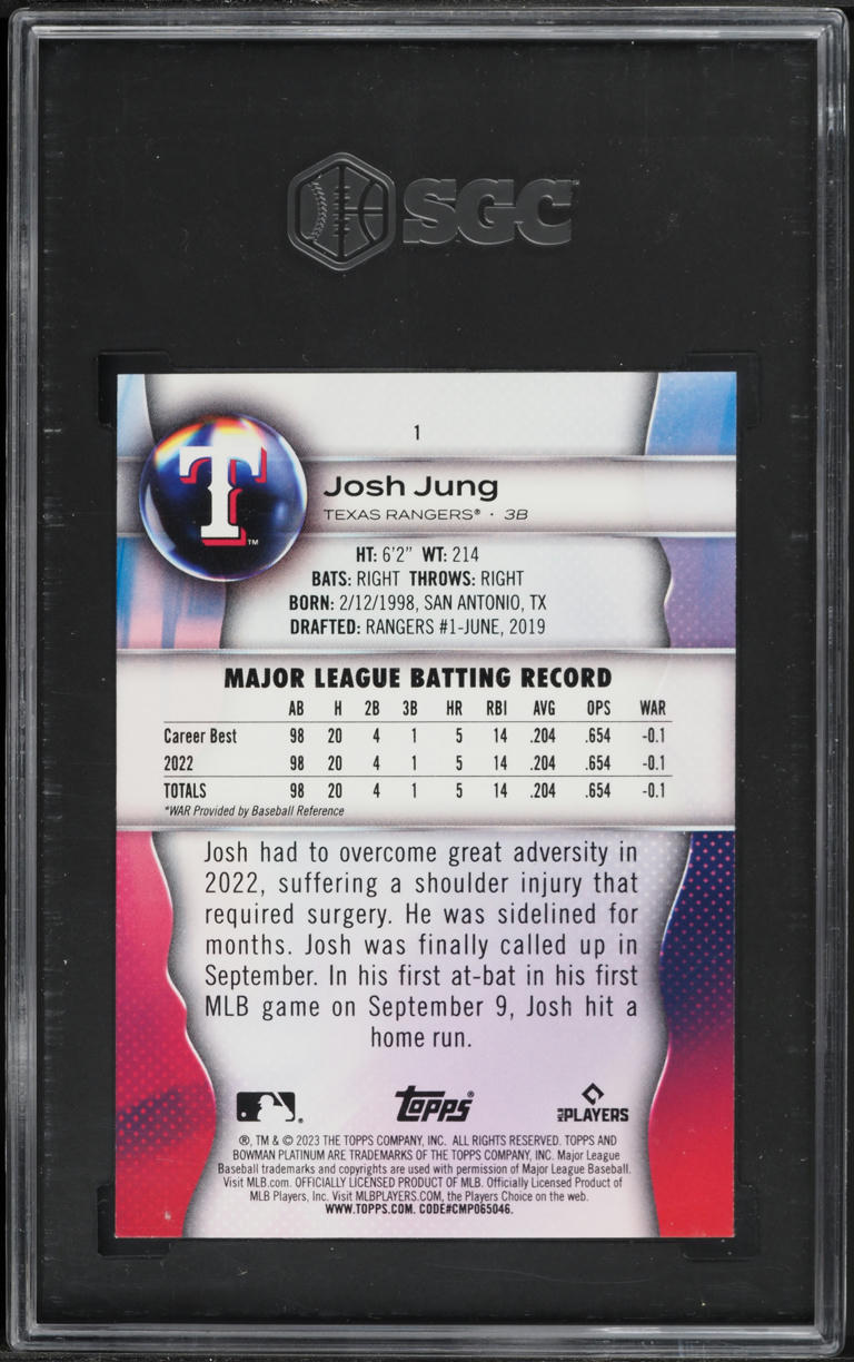 2023 Bowman Platinum Josh Jung ROOKIE #1 SGC 10 GEM MINT