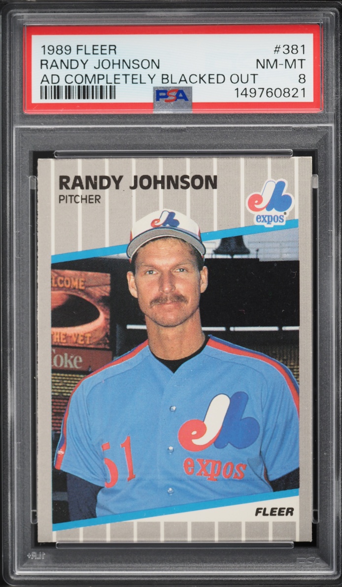 1989 Fleer Randy Johnson ROOKIE, AD COMPLETELY BLACKED OUT #381 PSA 8 NM-MT