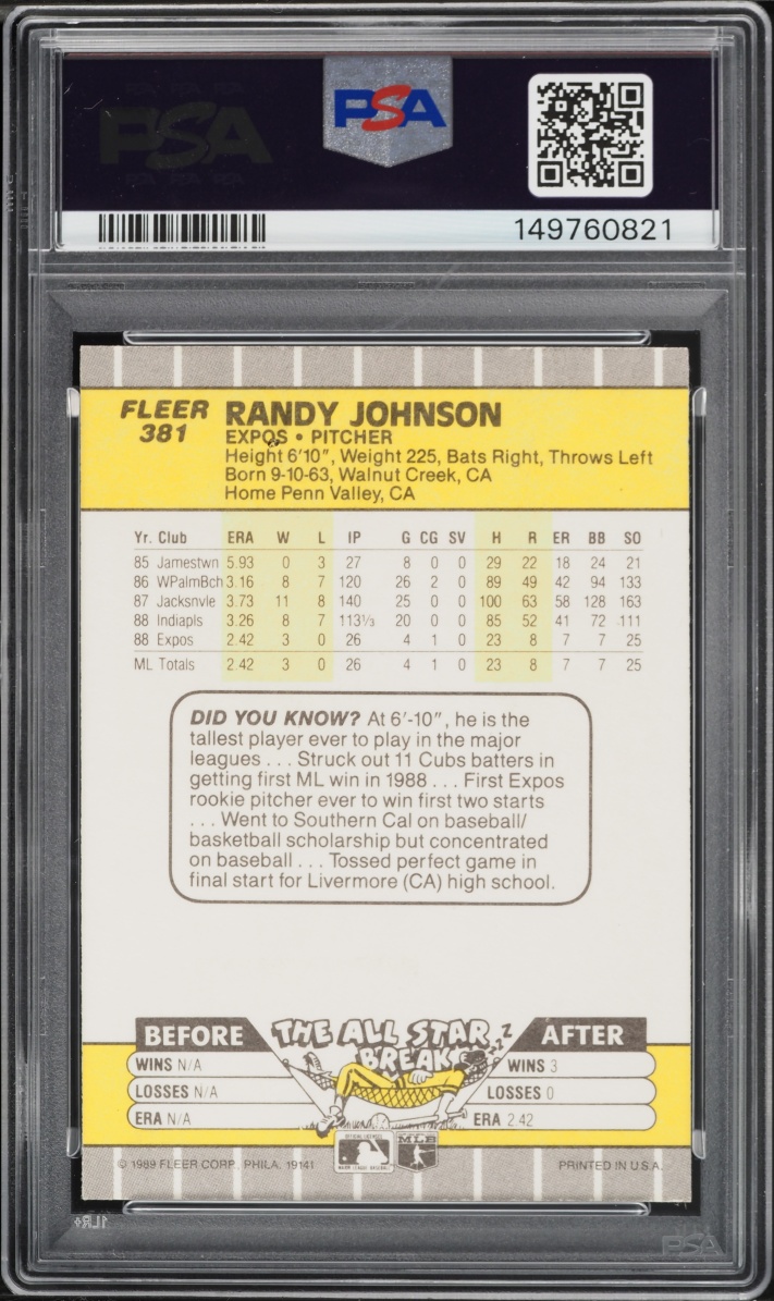1989 Fleer Randy Johnson ROOKIE, AD COMPLETELY BLACKED OUT #381 PSA 8 NM-MT