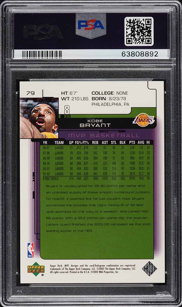 2002 Upper Deck MVP Classic Black Kobe Bryant /50 #79 PSA 7 NRMT