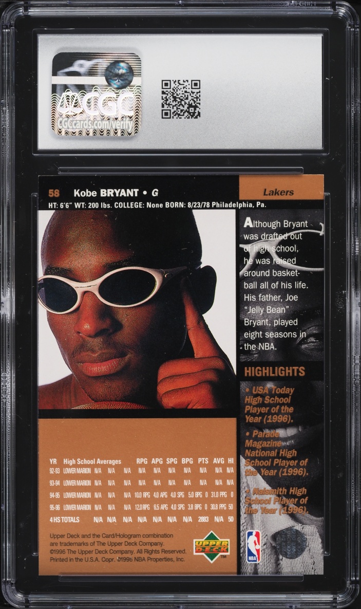 1996 Upper Deck Basketball Kobe Bryant ROOKIE #58 JSA CGC 9 MINT