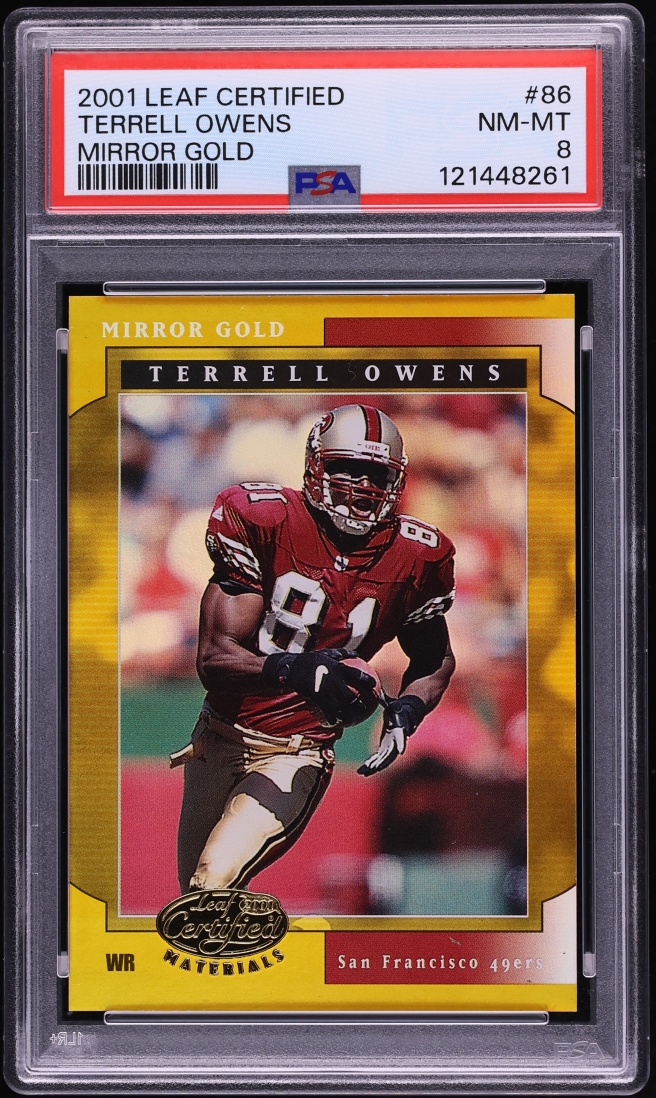 2001 Leaf Certified Materials Mirror Gold Terrell Owens /25 #86 PSA 8 NM-MT