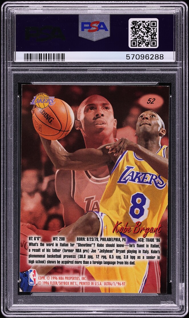 1996 Ultra Basketball Kobe Bryant ROOKIE #52 PSA 9 MINT - Photo 2