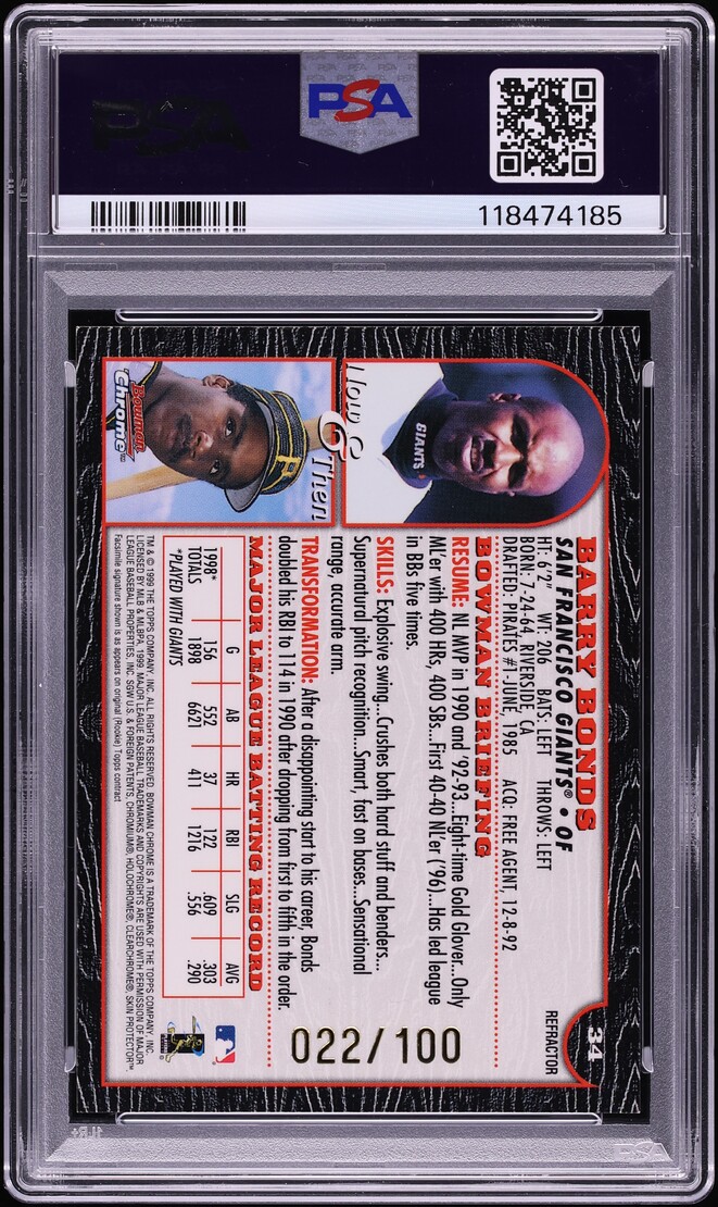 1999 Bowman Chrome International Refractor Barry Bonds /100 #34 PSA 9 MINT - Photo 2