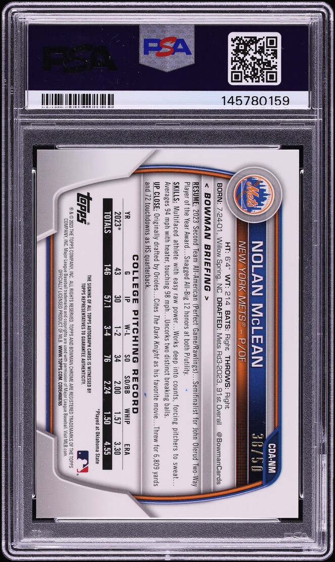 2023 Bowman Chrome Draft Gold Wave Nolan McLean PROSPECT AUTO /50 #CDA-NM PSA 8 NM-MT - Photo 2