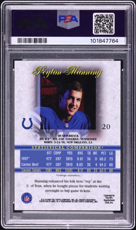 1998 Topps Gold Label Class 1 Peyton Manning ROOKIE #20 PSA 10 GEM MINT