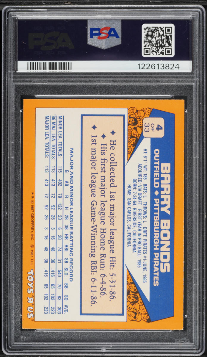 1987 Toys 'R' Us Barry Bonds ROOKIE #4 PSA 9 MINT