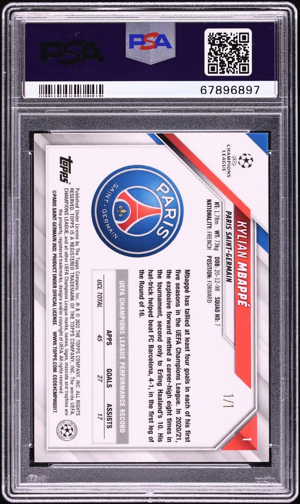 2021 Topps Chrome Sapphire Edition UEFA Padparadscha Kylian Mbappe 1/1 #1 PSA 10