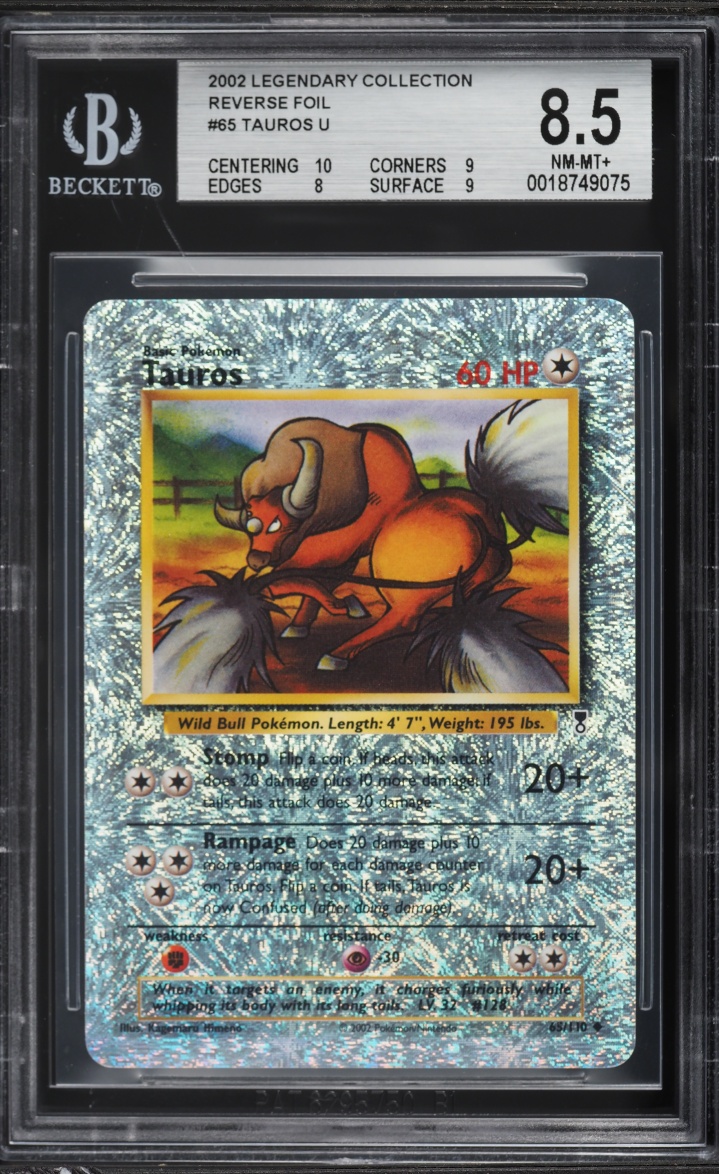 2002 Pokemon Legendary Collection Reverse Holo Tauros #65 BGS 8.5 NM-MT+