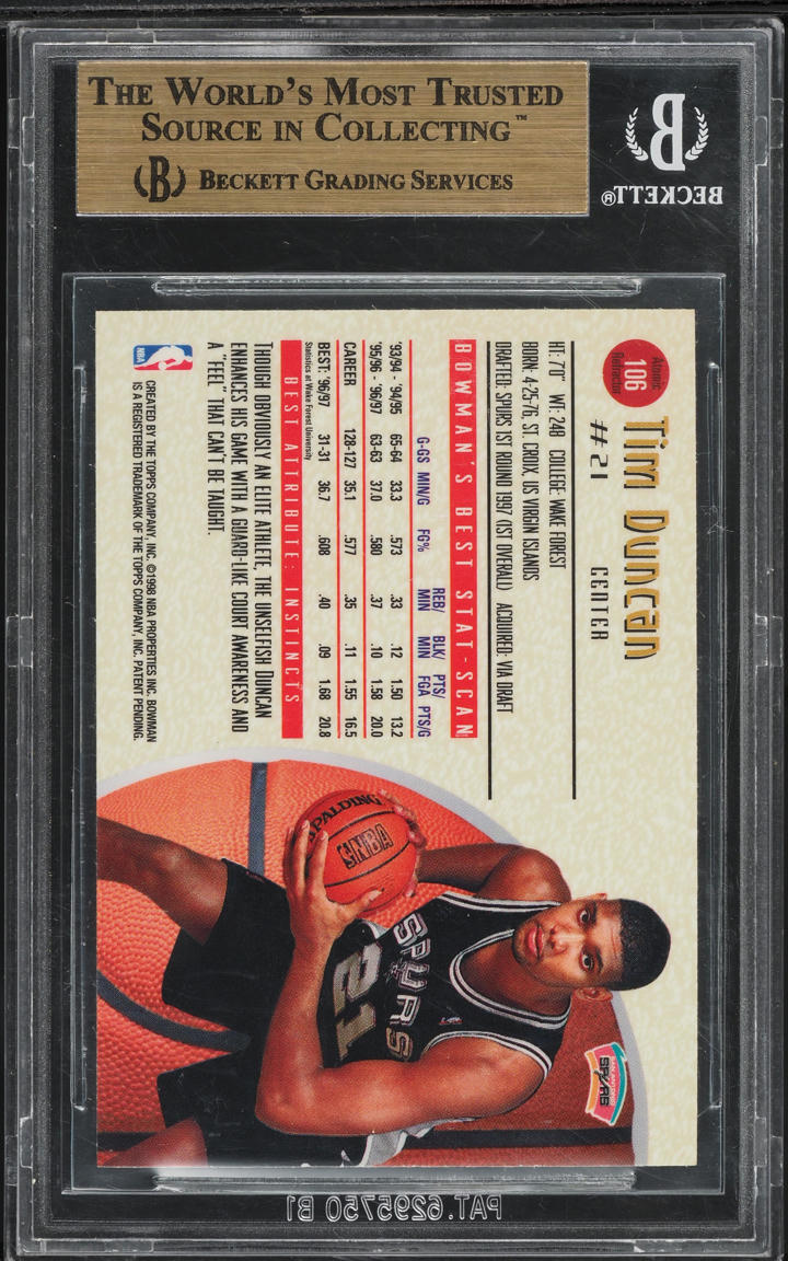 1997 Bowman's Best Atomic Refractor Tim Duncan ROOKIE #106 BGS 10 PRISTINE