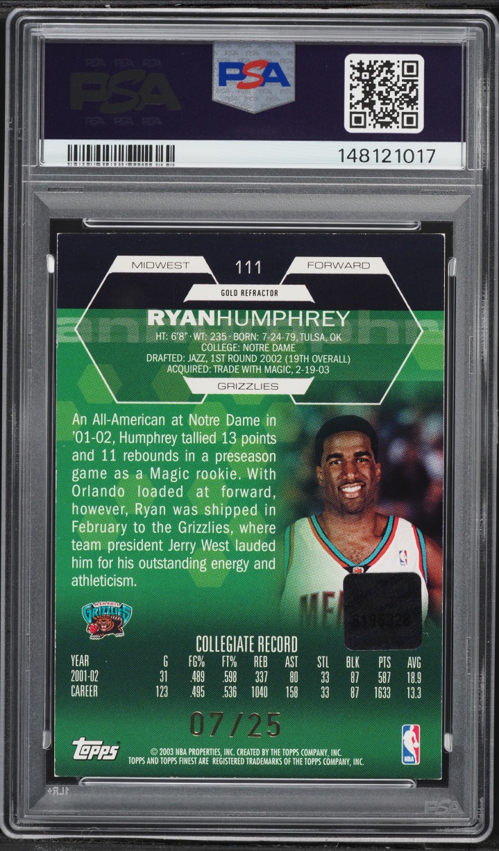 2002 Finest Gold Refractors Ryan Humphrey ROOKIE AUTO /25 #111 PSA 7 NRMT