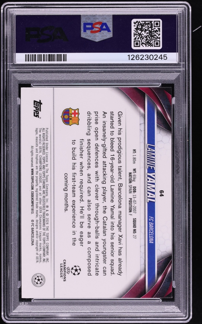 2023 Topps Chrome UEFA Club Competitions Lamine Yamal ROOKIE #64 PSA 10 GEM MINT