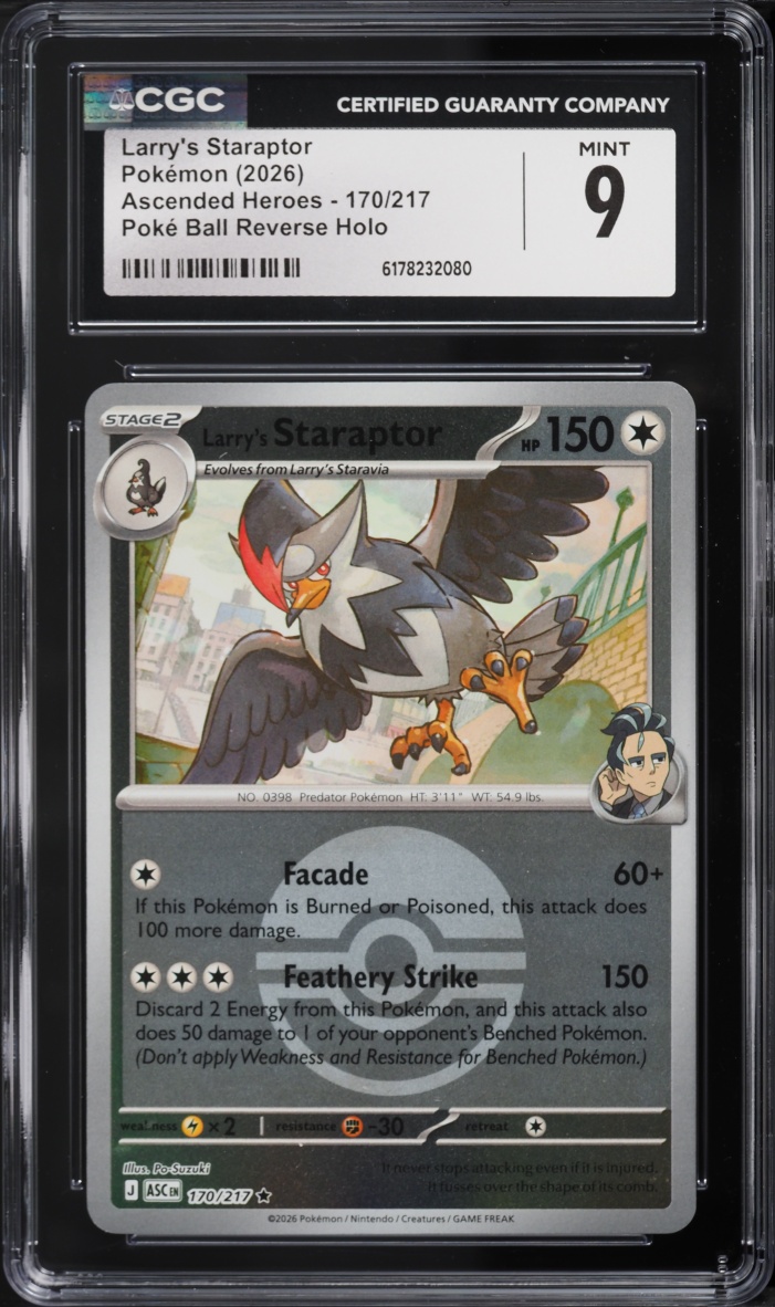 2026 Pokemon Mega Ascended Heroes Poke Ball Reverse Holo Larry's Staraptor #170 CGC 9 MINT